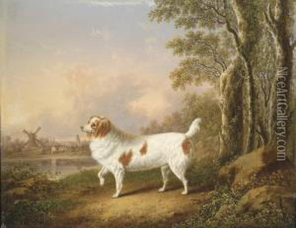 A Spaniel In A Wooded Landscape With A Town And Windmillbeyond Oil Painting - Charles Towne