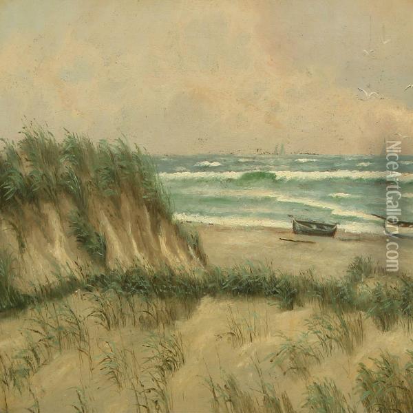 Seashore With Dinghies On The Beach Oil Painting - Viggo Helsted