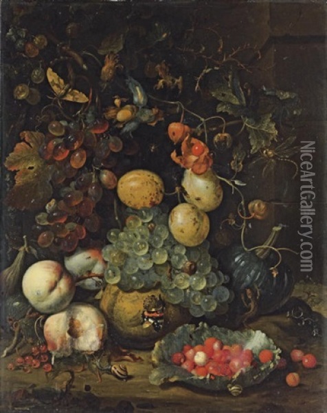 Figs, Plums, Grapes, Peaches, Redcurrants And A Pumpkin, With A Lettuce Leaf Filled With Wild Strawberries Oil Painting - Jan Mortel