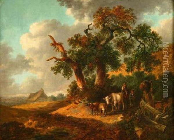 Boardfigures With Cattle And Sheep In A Country Lane Oil Painting - Henry Ladbrooke