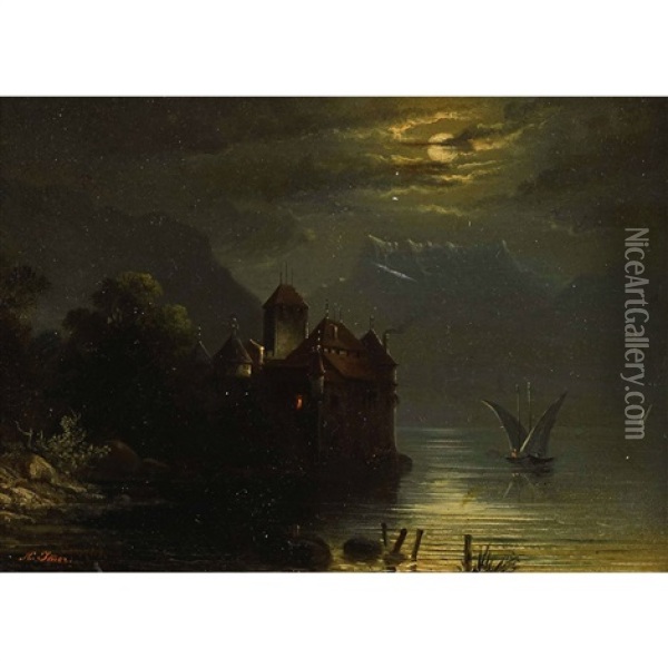 Chateau Chillon Et Dents Du Midi Au Clair De Lune Oil Painting - Edouard Auguste Imer