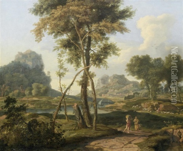 An Arcadian River Landscape With Travellers On A Path Oil Painting - Albert Meyeringh