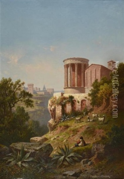 Temple Romain Et Eglise Romane Dans La Campagne Italienne Oil Painting - Antoine Claude Ponthus-Cinier