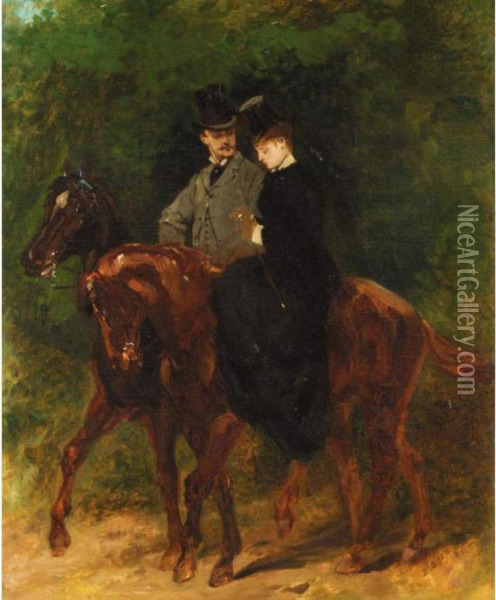 A Couple Out Riding Oil Painting - Jean Baptiste Edouard Detaille