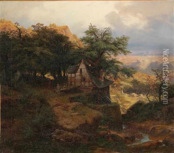 View Of An Open Landscape At Sunset Oil Painting - Friedrich J. Ehemant