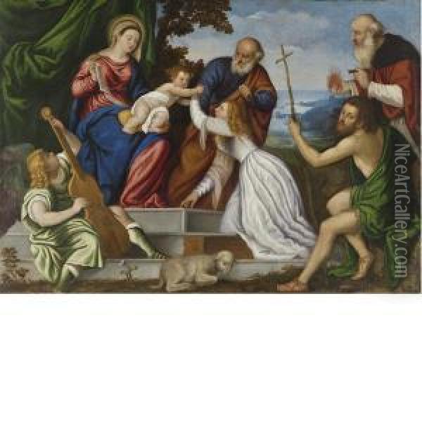 Sposalizio Mistico Di Santa 
Caterina Coi Santi Giuseppe, Giovanni Battista E Antonio Abate Oil Painting - Polidoro Lanzani (see Polidoro Da Lanciano)