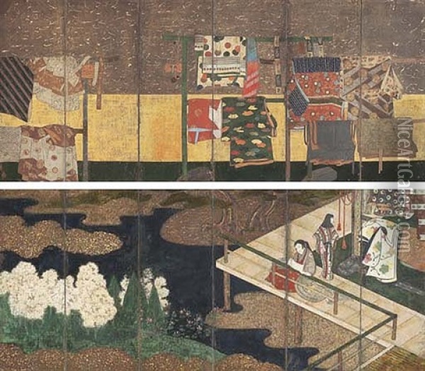 Whose Sleeves? - Tagasode (pair Of Six-panel Screens) Oil Painting - Tohaku Hasegawa