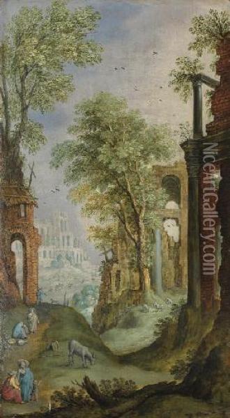 A Classical Landscape With Ruins And Figures Oil Painting - Marten Ryckaert