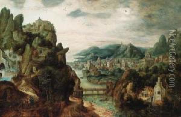 A Panoramic Mountain Landscape, 
With An Extensive Town By A River,christ With Cleopas And Peter On The 
Way To Emmaus In Theforeground, And The Subsequent Supper Taking Place 
In A Gothicbuilding Beyond Oil Painting - Herri met de Bles