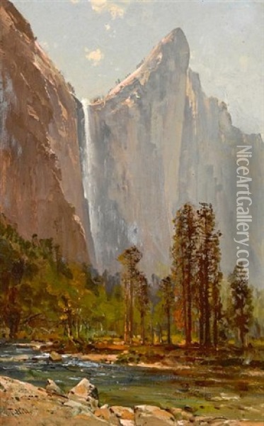 Bridalveil Fall And Leaning Tower Oil Painting - Thomas Hill