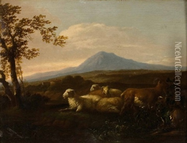 Ruhende Schafe Und Ziegen In Einer Italienischen Landschaft Oil Painting - Karel Dujardin