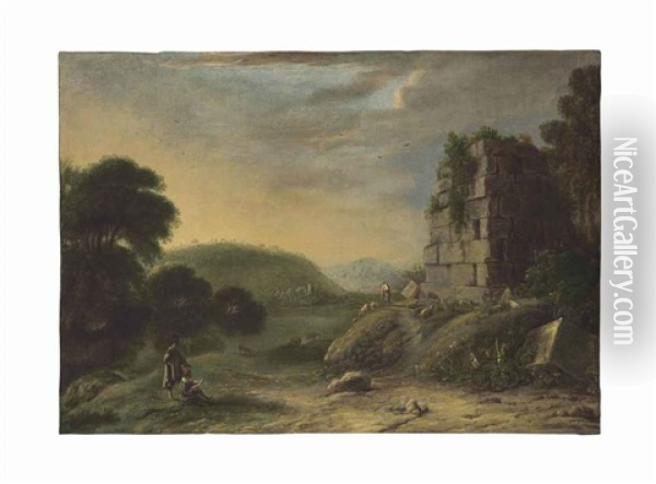 An Arcadian Landscape With Ruins, An Artist Drawing In The Foreground Oil Painting - Claude Lorrain