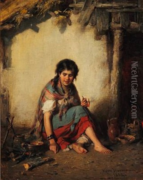 Young Gypsy Playing The Flute (a Young Gypsy Girl Smoking A Pipe; Pair) Oil Painting - Hermann Kern