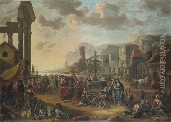A Capriccio Of A Mediterranean Port City With A Market, A Commedia Dell'arte Performing Oil Painting - Antoon Goubau