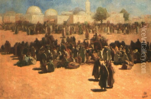 Place Animee Devant La Mosquee, Tunisie Oil Painting - Odoen Tull