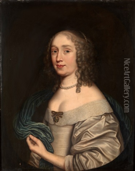 Portrait Of A Noble Lady, In A Silver Satin Dress Oil Painting - Gerrit Van Honthorst