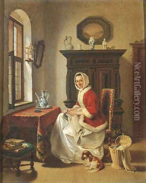 A young lady doing needlework in an interior Oil Painting - Willem Pieter Hoevenaar