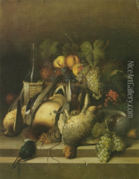 A Still Life With Fruit In A Basket And A Mallard, Partridges And Other Birds On A Ledge Oil Painting - Joseph Correggio