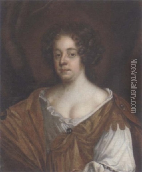 Portrait Of A Lady, Traditionally Identified As Moll Davies, In A Gold And White Dress, A Wood Beyond Oil Painting - Mary Beale
