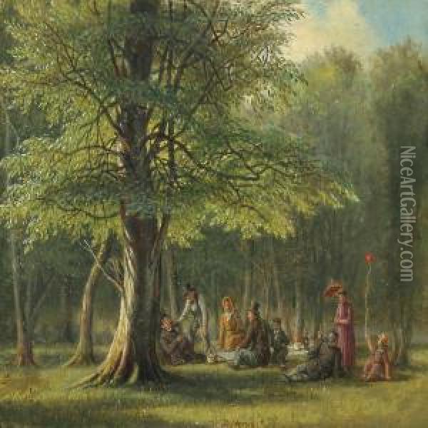 Forest Scenery With Cheerful People Oil Painting - David Monies