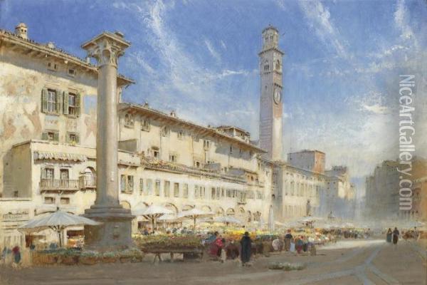 The Flower Market In The Piazza Delle Erbe, Verona, Italy Oil Painting - Albert Goodwin