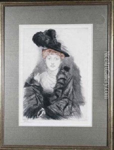 A Young Woman With A Feathered Hat Oil Painting - Paul Cesar Helleu