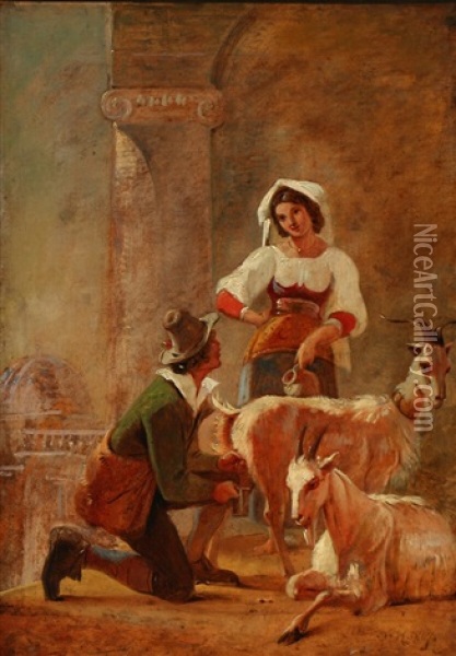 Roman Scenery With Two People Milking The Goats Oil Painting - Nicolai Francois Habbe