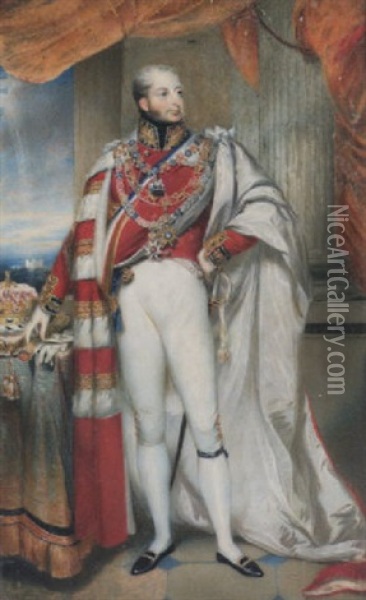 William Frederick, 2nd Duke Of Gloucester, Wearing The Mantle And Collar Of The Garter Over Scarlet Coat, A Crown By His Side, Windsor Castle In The Distance Oil Painting - Charlotte Jones