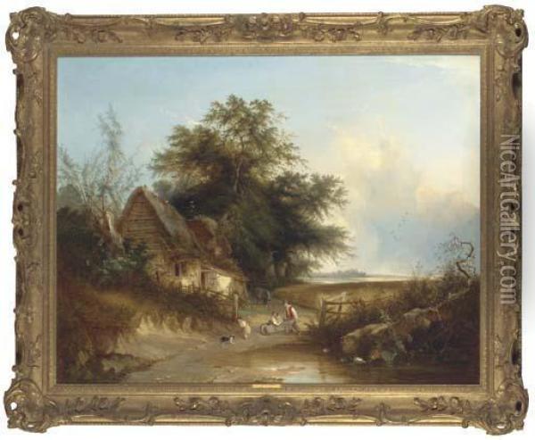 A Woodland Cottage By A Pond Oil Painting - Henry John Boddington