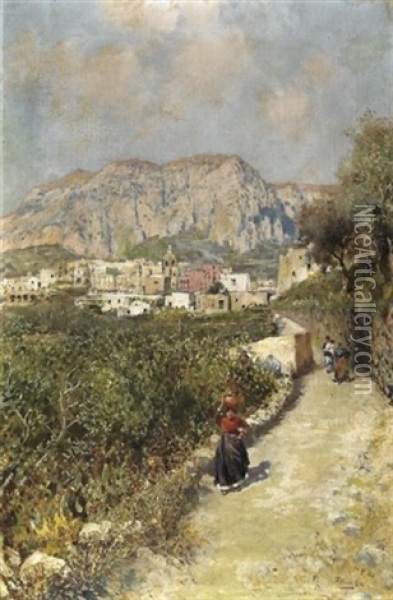 Capri. Blick Vom Hugel Der Villa San Michele Auf Die Gemeinde Anacapri Oil Painting - Attilio Pratella
