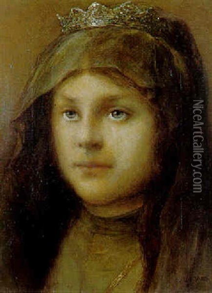 A Young Girl Wearing A Crown And Veil Oil Painting - Gabriel von Max