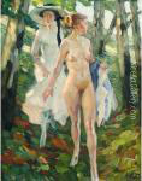 Zwei Madchen Im Wald (two Girls In A Forest) Oil Painting - Leo Putz