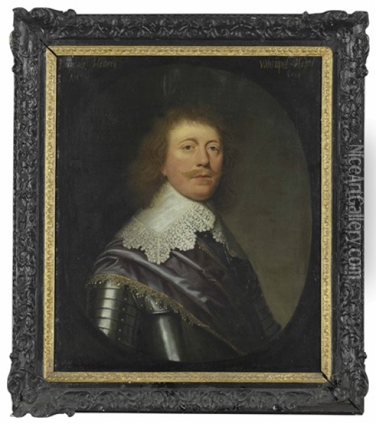 Portrait Of Captain Henry Of Whitipol Manor, Half-length, In Armour With A Purple Sash And White Lace Collar, Feigned Oval Oil Painting - Gerrit Van Honthorst