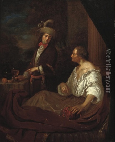 A Gentleman Visiting An Old Lady On A Terrace Oil Painting - Matthys Naiveu