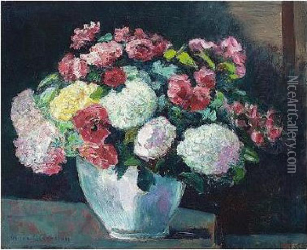 Bouquet D'hortensias Et De 
Roses, Signed, Oil On Canvas, 60 By 72 Cm., 23 1/2 By 28 1/4 In Oil Painting - Victor Charreton