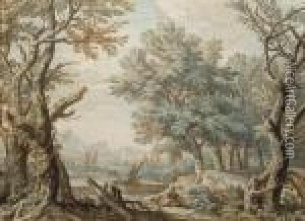 Un Homme Et Son Chien Dans Un Paysage Arbore, Des Montagnes I L'arriere-plan Oil Painting - Isaac de Moucheron