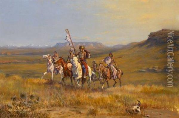 Plains Indian Party, 1915 Oil Painting - Howard Hill