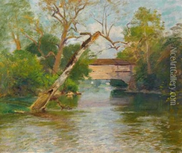 A New England Covered Bridge Oil Painting - Walter Clark