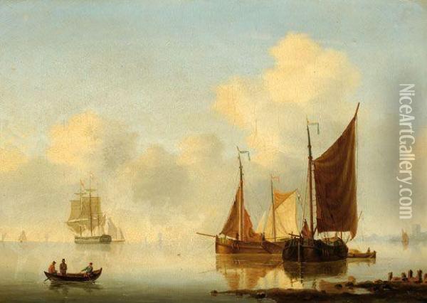 Moored Ships On A Calm Estuary Oil Painting - Willem Jun Gruyter