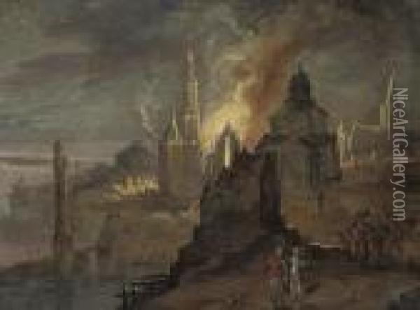 Lot And His Daughters Fleeing Sodom And Gomorrah Oil Painting - Daniel van Heil