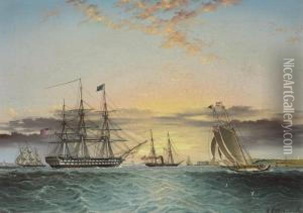 The U.s.s. Ohio Under Tow In The Lower Bay, New York With A View Of Fort Hamilton Oil Painting - James E. Buttersworth
