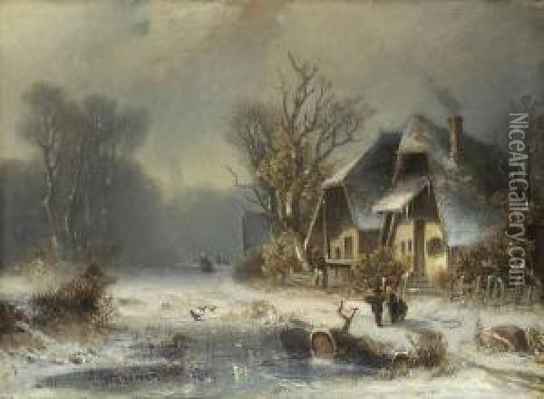Winterliche
 Dorflandschaft. Oil Painting - Adolf Stademann