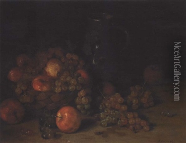 A Still Life With Apples, Grapes And A Pitcher, With Wasps In The Foreground Oil Painting - Aloys Eckardt