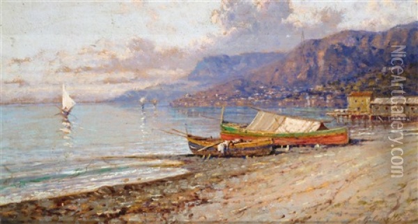 Fishing Boats Beached On The Amalfi Coast Oil Painting - Gabriel Carelli