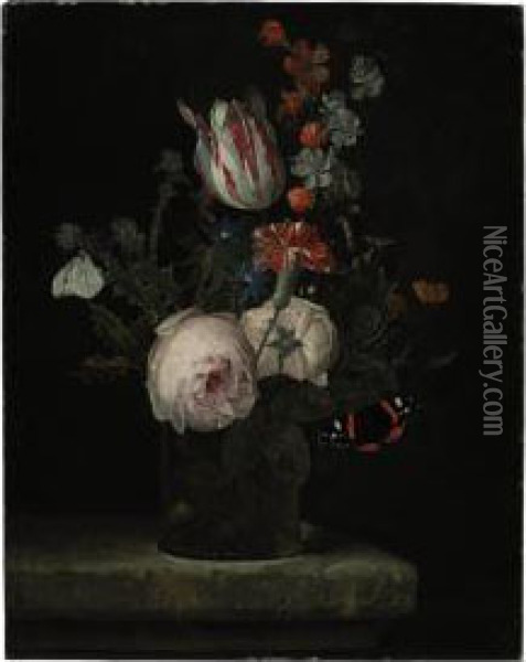 Flowers In A Glass Vase Oil Painting - Adriaen Van Der Spelt