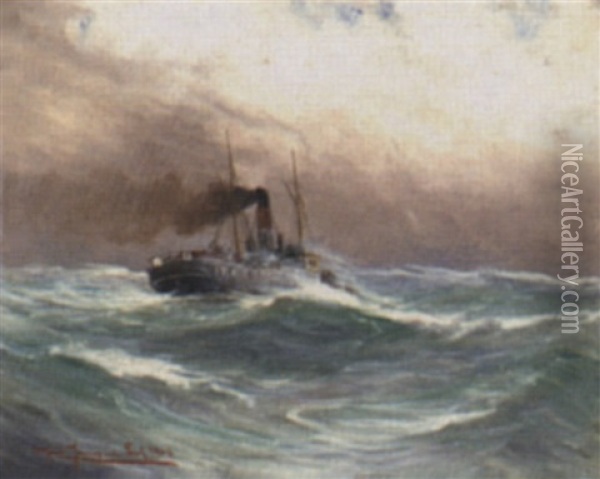 Dampfschlepper Auf Sturmischer See Oil Painting - Alfred Serenius Jensen