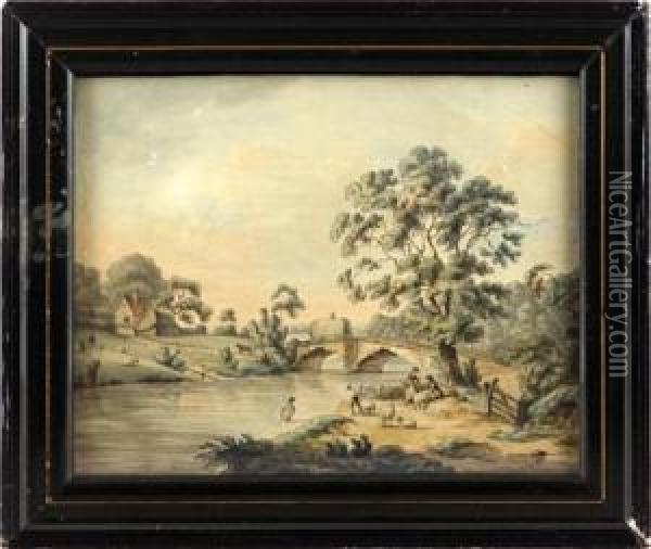 River Landscape Oil Painting - Charles F. Tomkins