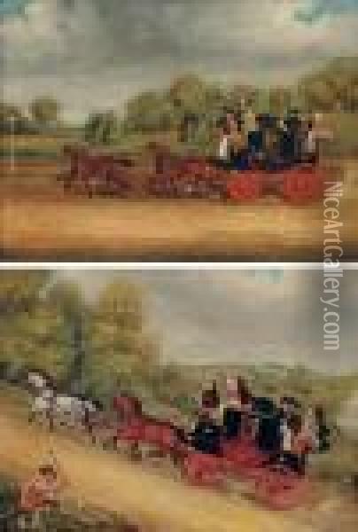 The Cambridge To London Coach; 
And The Manchester-to-london Coach, With A Stonebreaker In The 
Foreground And A Hunt Beyond Oil Painting - James Pollard
