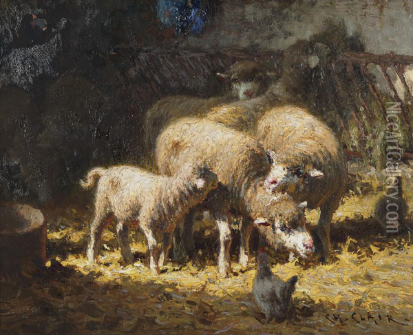 Sheep And Chickens In A Stable Oil Painting - Charles Clair