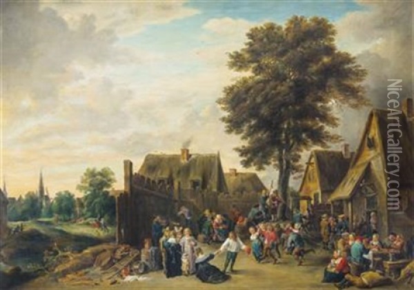 Kirmes Vor Dem Wirtshaus Zum Halbmond (after David Teniers The Younger) Oil Painting - Karl Michael Schirmer